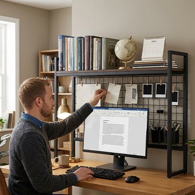 Homme dans bureau tient une feuille collée sur Etagere bureau