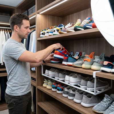 Homme dans dressing rage chaussures sur Étagère à chaussures