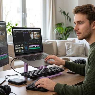 Homme dans salon avec ordinateur portable poser sur support pc portable violet