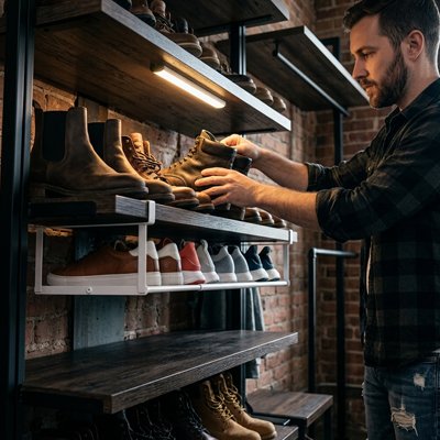 Homme dans son entrée range ses chaussures sur Étagère à chaussures