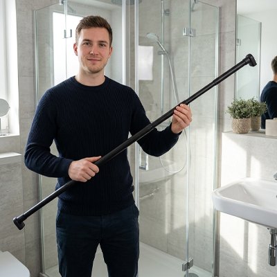 Homme debout dans douche tient Barre de douche dans la main