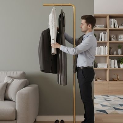  Homme debout range vêtements sur Valet de chambre