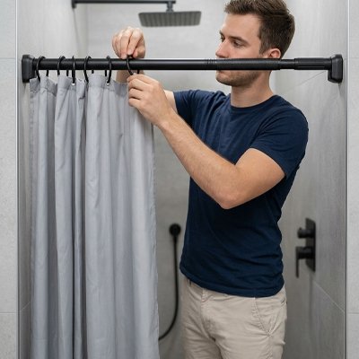 Homme enfile rideau de douche sur Barre de douche 