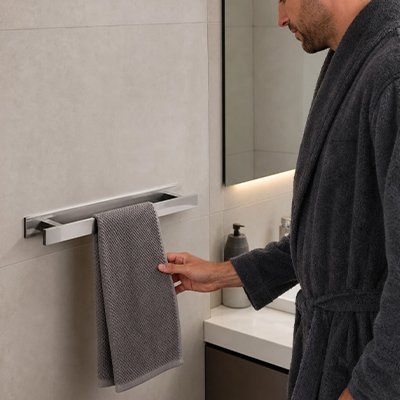  Homme etale seviette sur porte serviette apres douche 