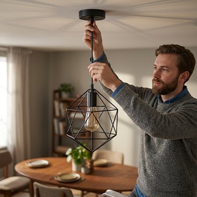 homme installe suspension luminaire dans salle a manger