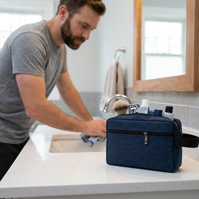 Homme range affaires dans trousse de toilette homme bleu