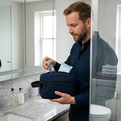 Homme tient en main trousse de toilette homme bleu