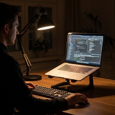 Homme travail dans le bureau avec pc sur support pc portable avec lampe de table allumée
