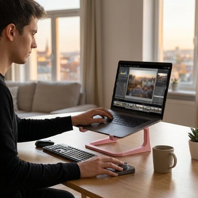 Homme travail depuis son salon avec son pc poser sur support pc portable rose