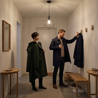 l entree de la maison eclairee par suspension luminaire monsieur et madame accrochent manteau sur etagere murale