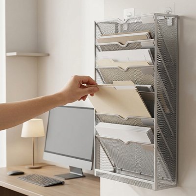 Organisateur de bureau gris fixé au mur avec dossiers ranger dedans