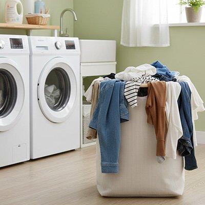 Panier a linge rempli de vêtement dans salle de lavage  