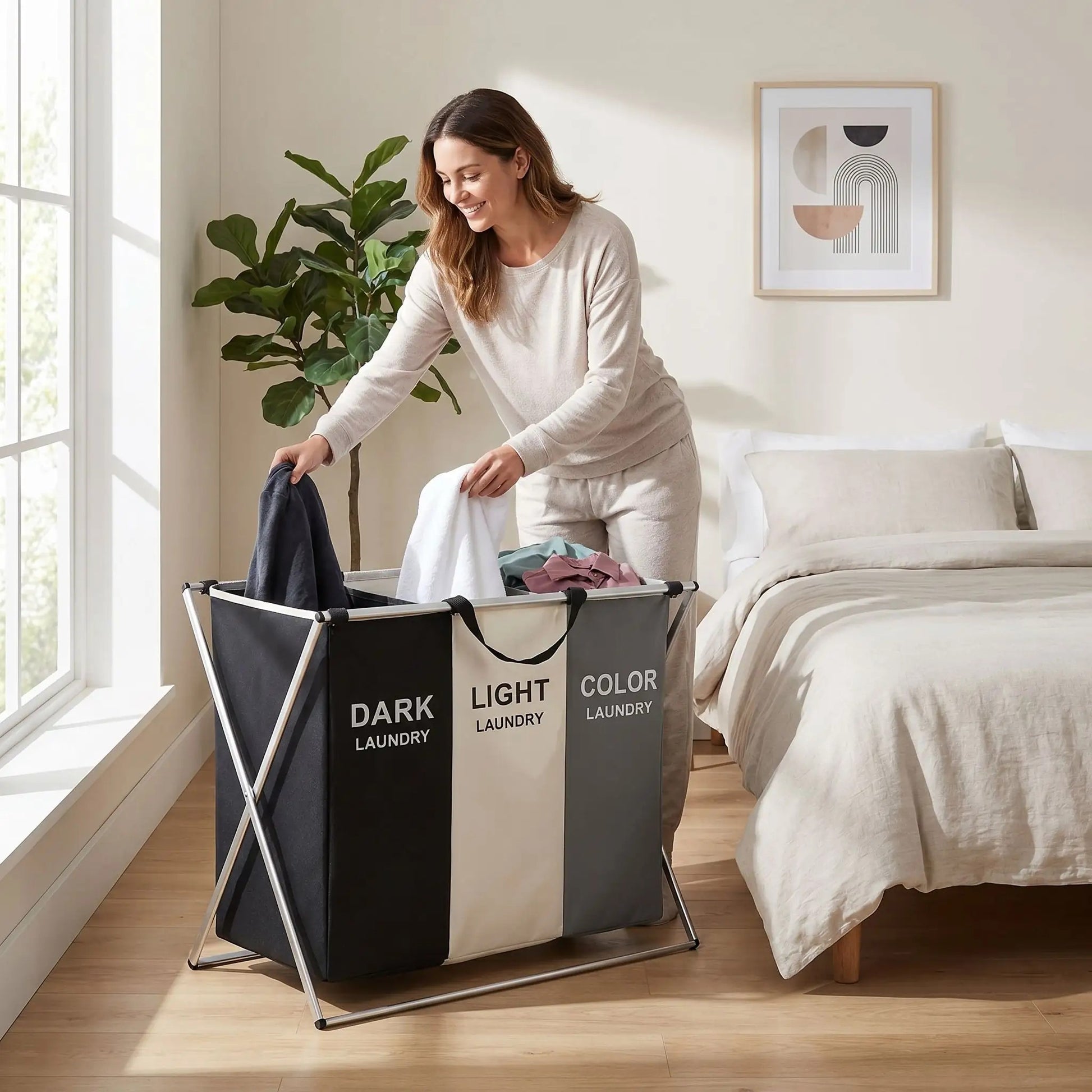 Femme dans chambre souriante met le linge dans panier a linge 3 compartment dans chambre