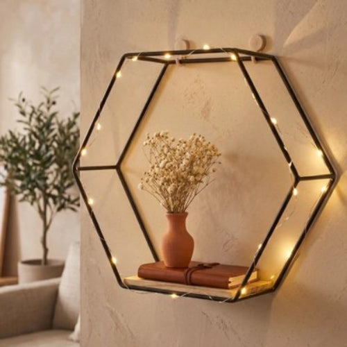 Petite etagere mural au mur avec pot de fleur et livre posé dessus