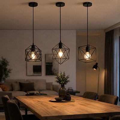 Suspension luminaire installee au dessus de table a manger dans salon 