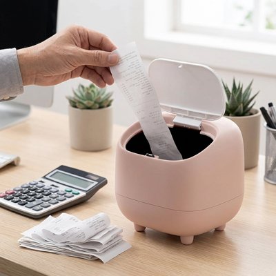 Une main jette des papiers dans Poubelle de bureau rose