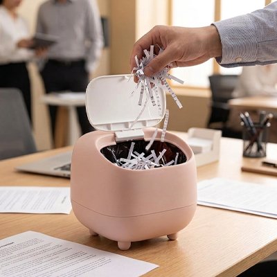 Une main jette des residures de papier dans Poubelle de bureau rose sur bureau