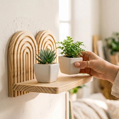 Une main pose pot de fleur sur Etagere bois
