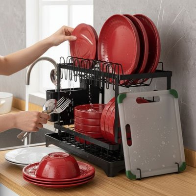 Une main range assiette rouge sur Egouttoir vaisselle noir