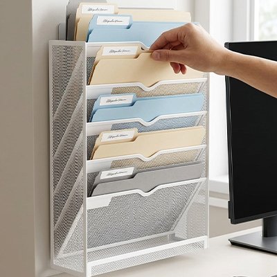 Une main range dossiers dans Organisateur de bureau fixé au mur